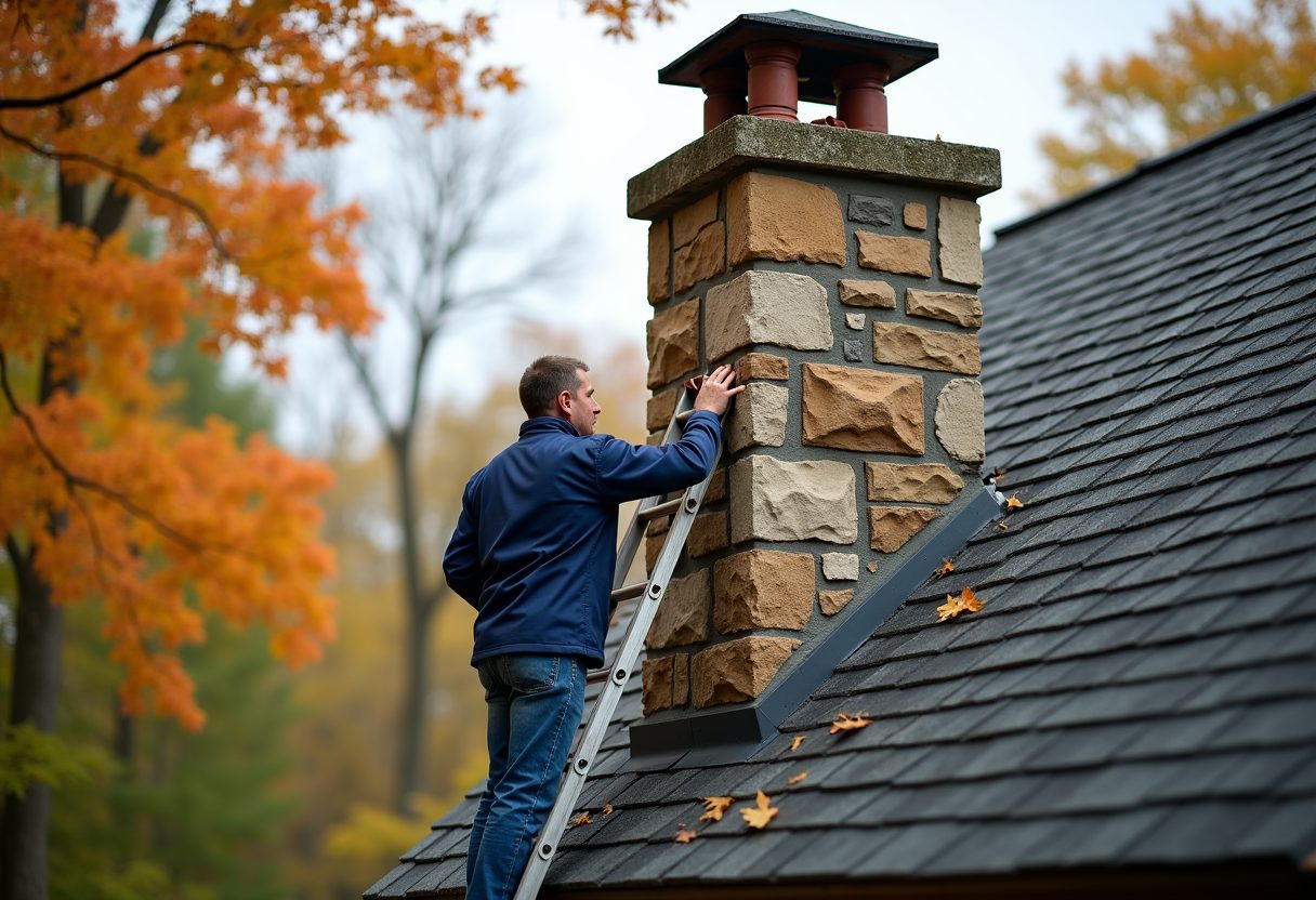 Technician inspecting a fieldstone chimney from a ladder — Issaquah
